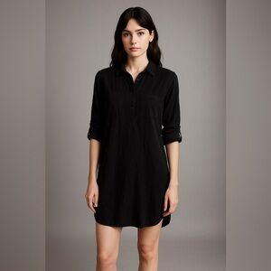 Lou & Grey Women’s Black Shirt Dress XS Roll Tab Sleeve Tunic Casual Goth
